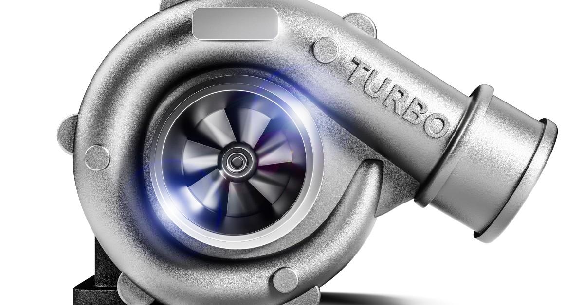 A 3D rendering of a silver-colored automobile turbocharger, with the word turbo embossed, shines on a white background.