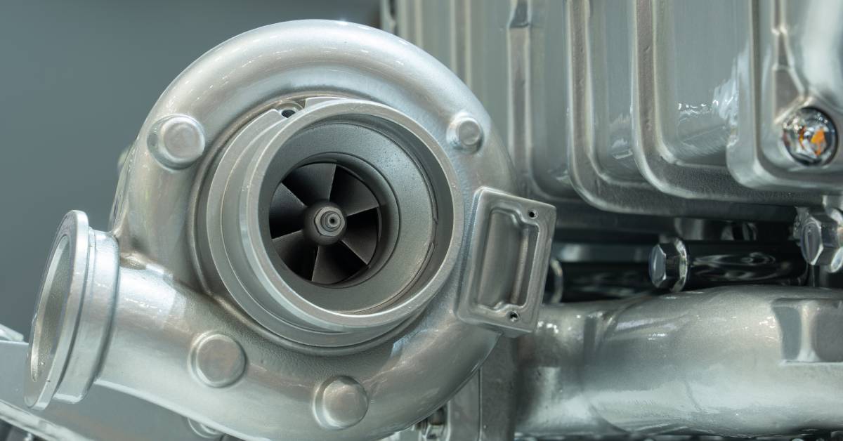 A close-up view of a gray diesel engine turbocharger connected to other parts of a diesel truck engine.