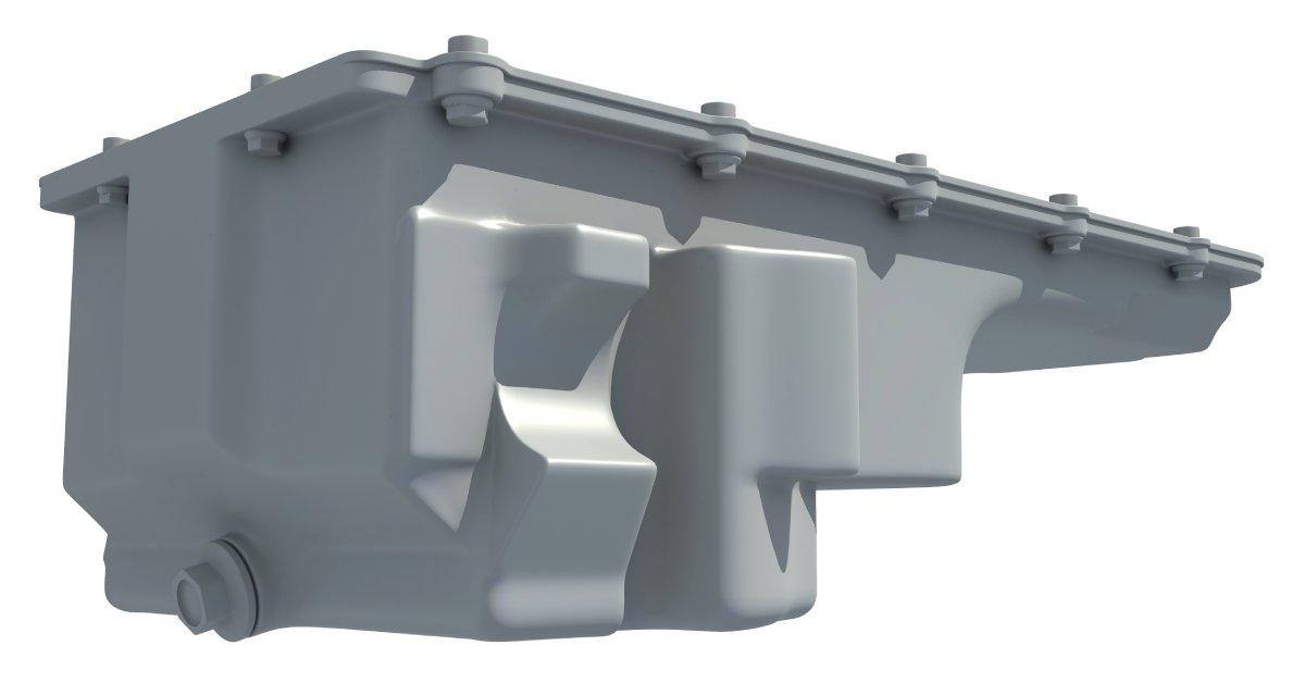 A 3D rendering of a truck engine's oil pan. The gray oil pan has different spots for screws, set against a white background.